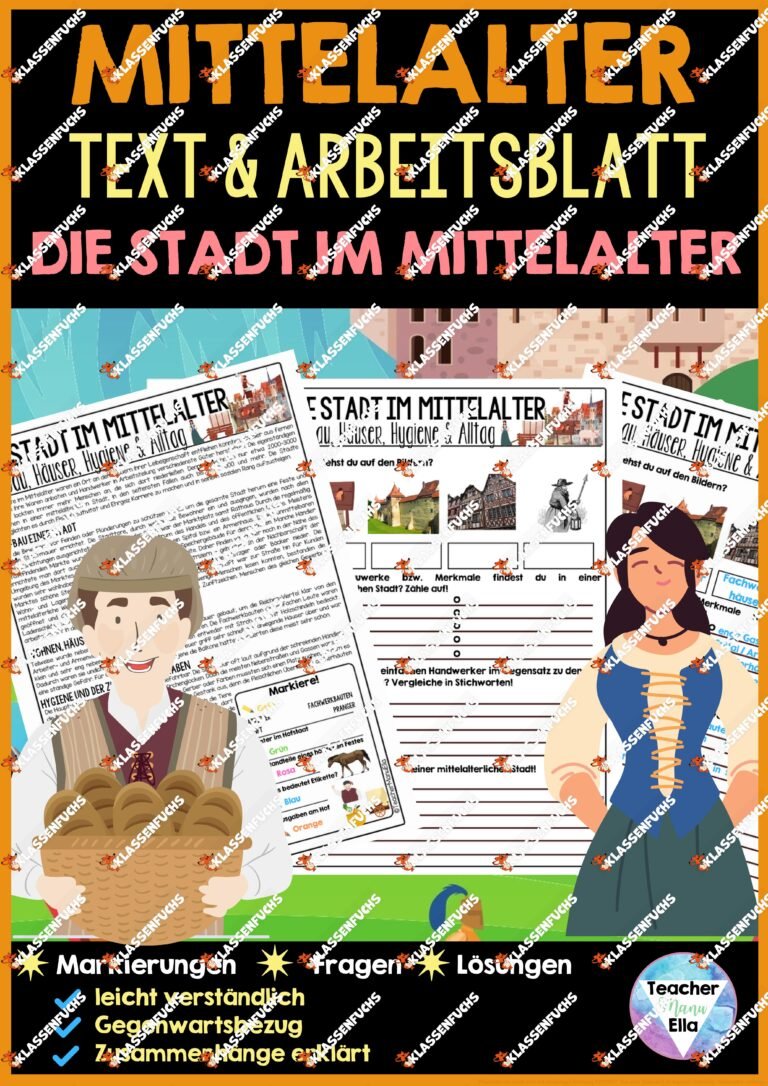Mittelalter Arbeitsblätter | Die Stadt im Mittelalter | Aufbau, Häuser, Hygiene & Alltag